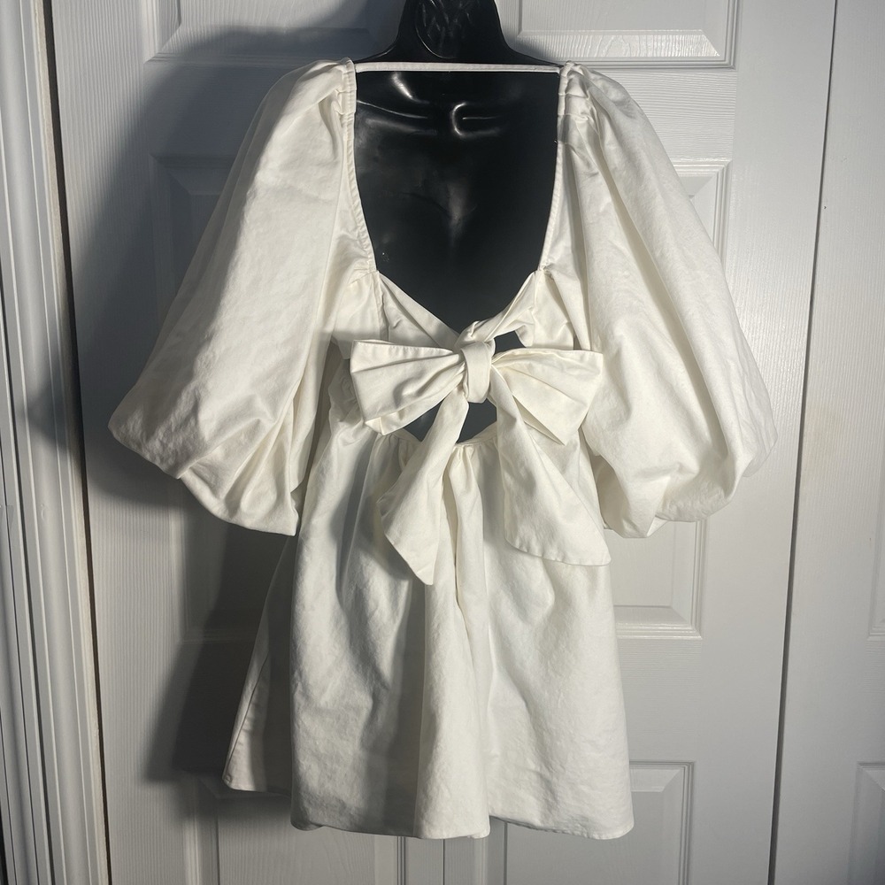 ASOS‎ Edition Square Neck Empire Mini Dress Women US 10 Beige Cotton Twill Bow - Picture 3 of 10